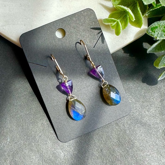 Labradorite and Amethyst Earrings lever back 14k Gold Filled - Picture 3 of 6